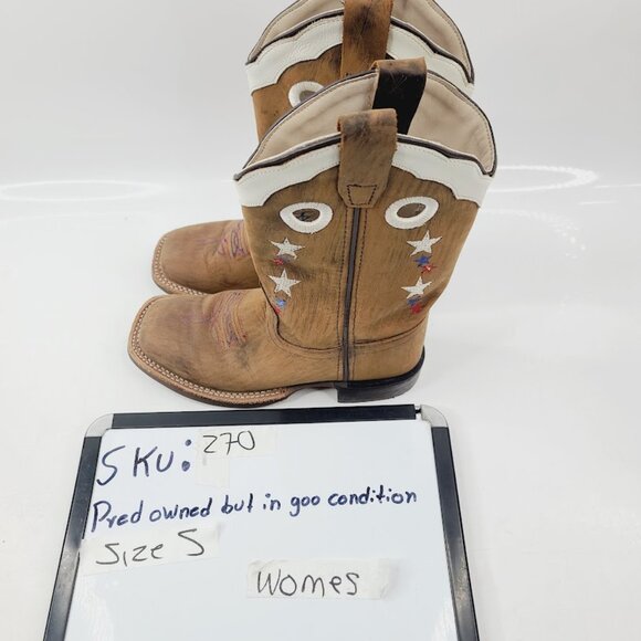 Old West Women's Tan White Gaze Stars Leather Square Toe Western Boot Size 5 - Picture 7 of 7